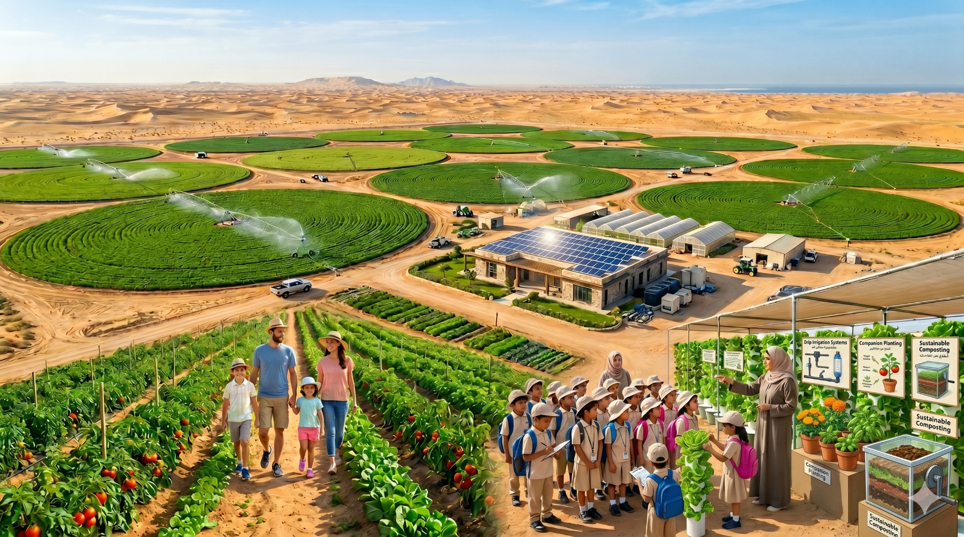 مزرعة تعليمية صحراوية تجمع الحقول والزوار والبيئة المستدامة