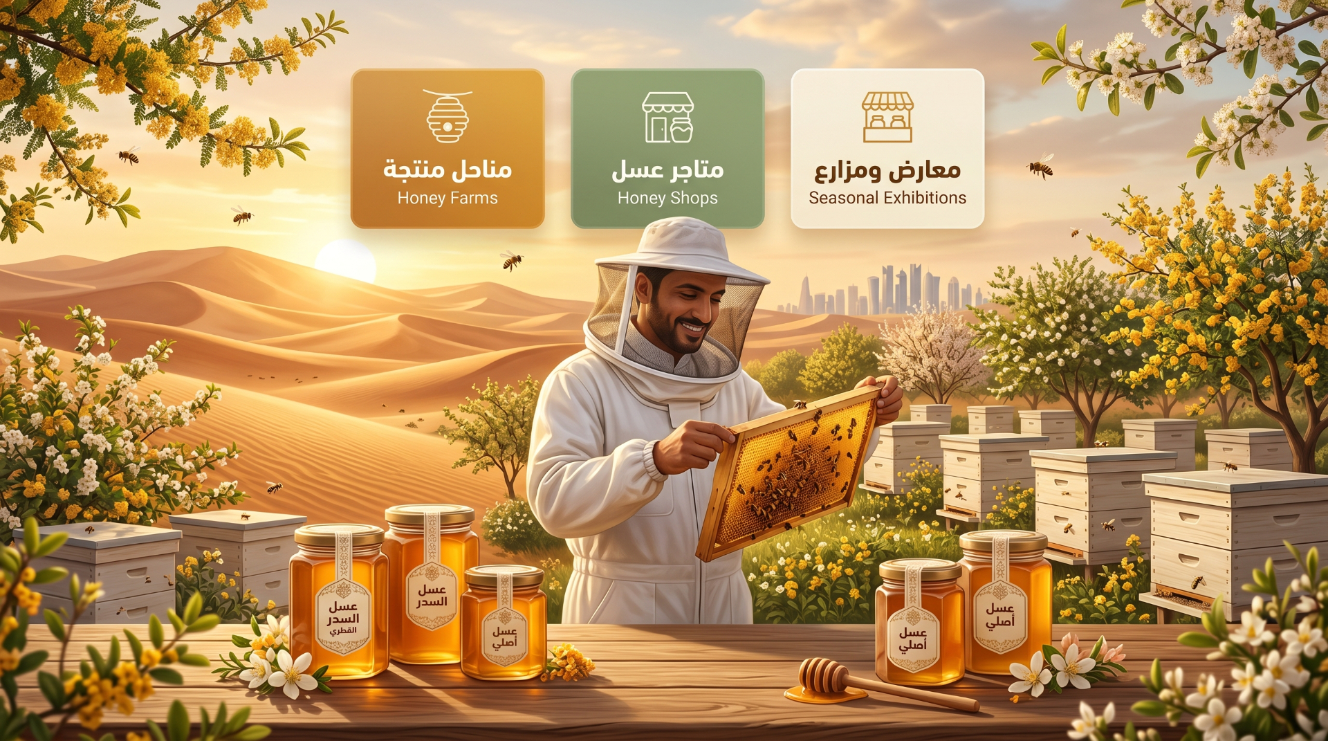 مناحل ومتاجر العسل في قطر — Qatar honey directory hero